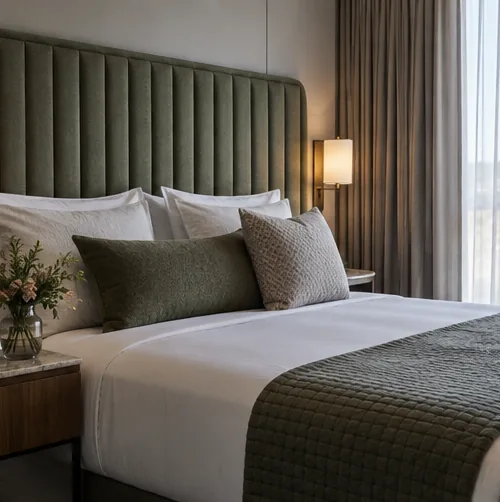 Guest room with an upholstered bedhead, curtains and bed cushions