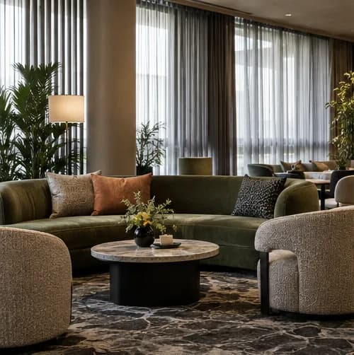 Boutique hotel lounge with curtains and upholstered seating