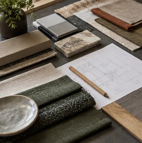 Material selection table with textiles and measured drawings