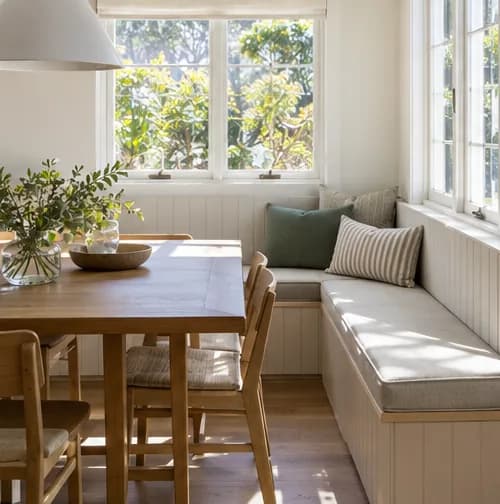 Upholstered breakfast nook beside a timber dining table