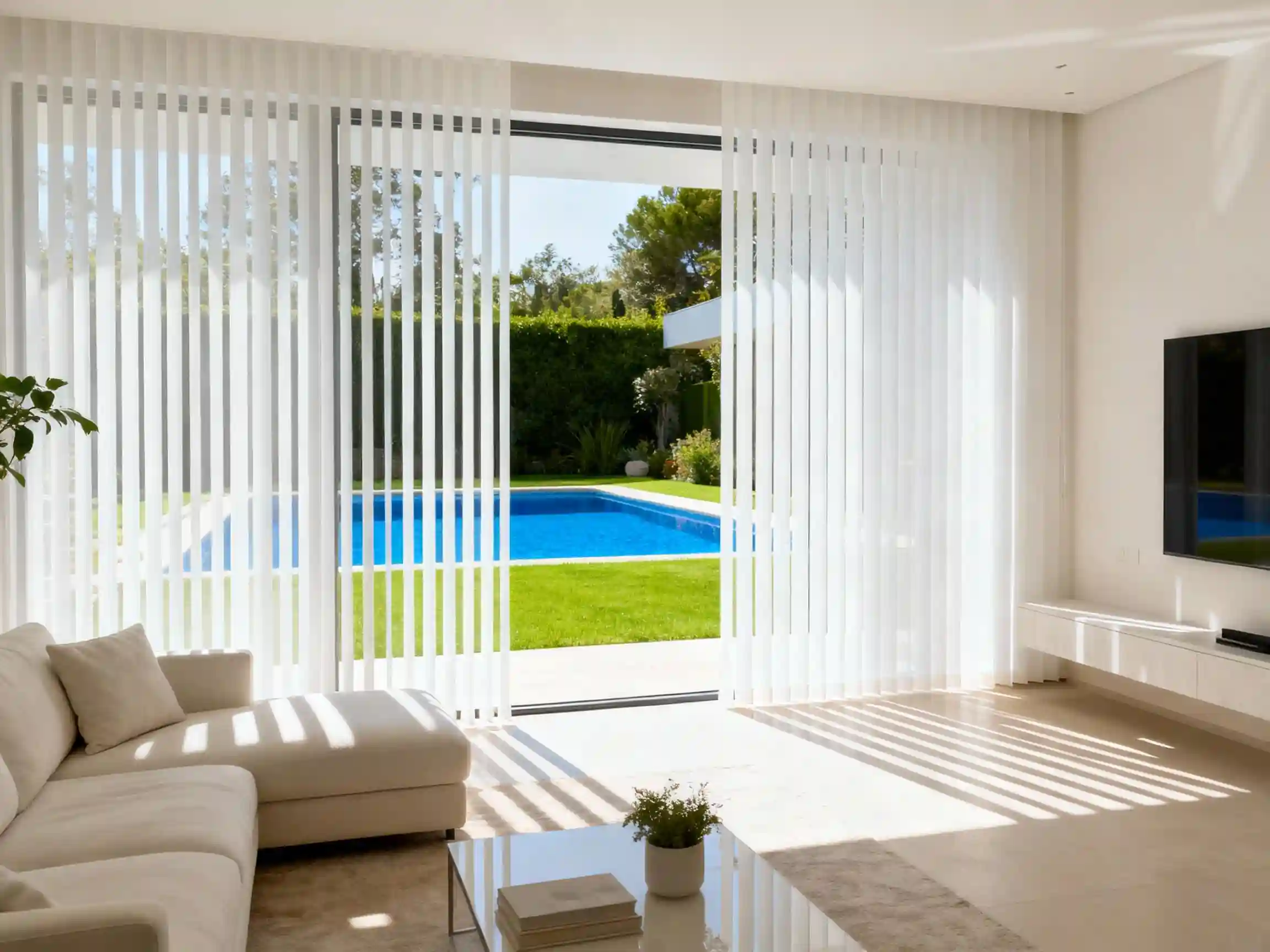 Vertical sheers screening broad pool-side glazing. Illustrative image, not a verified CCBD project.