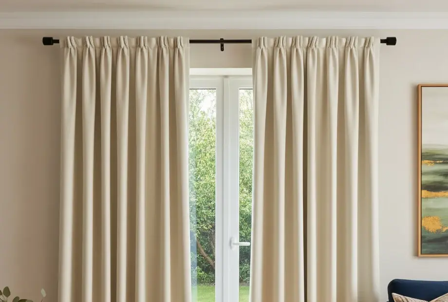 Real pleated curtain headings hanging from a wall-mounted pole