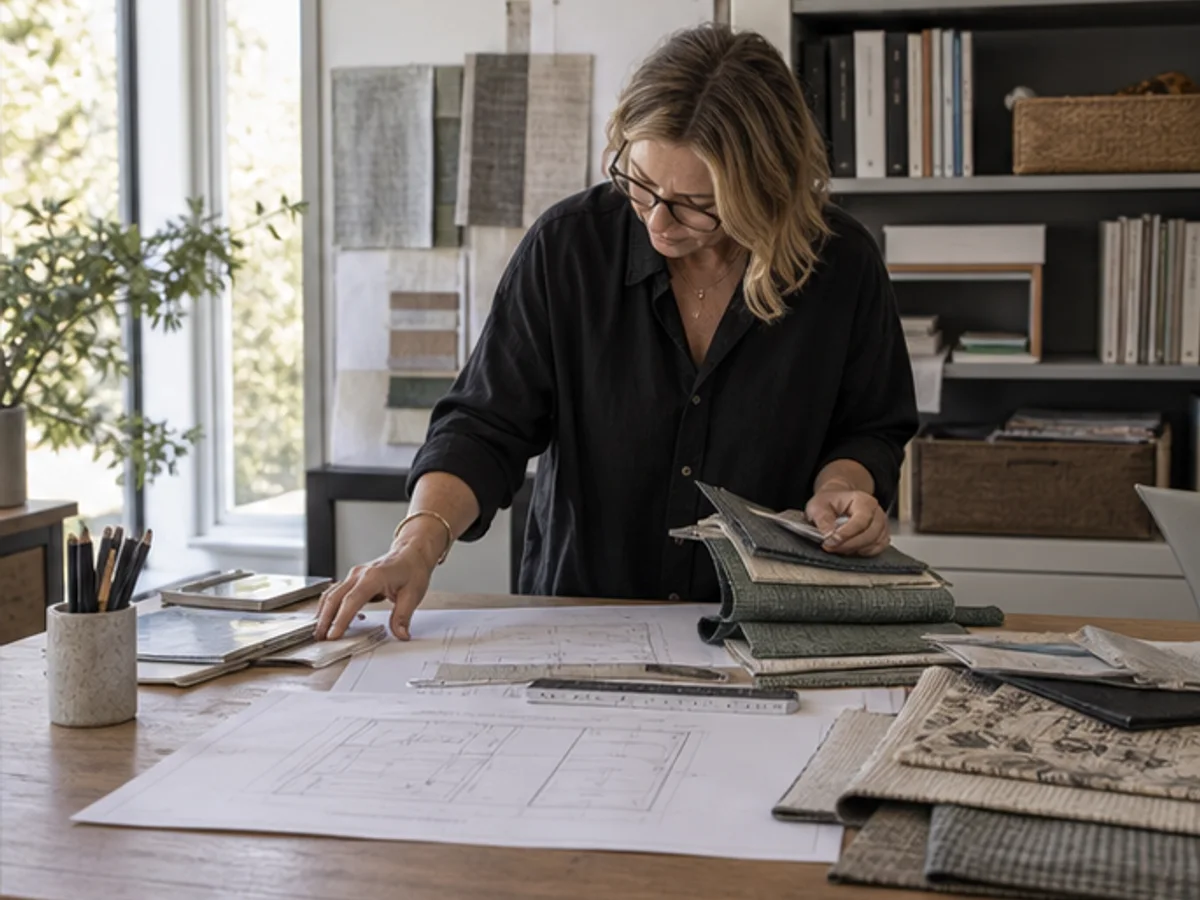 A window-furnishing designer reviewing measured drawings, fabric and lining samples for a Roman blind quotation
