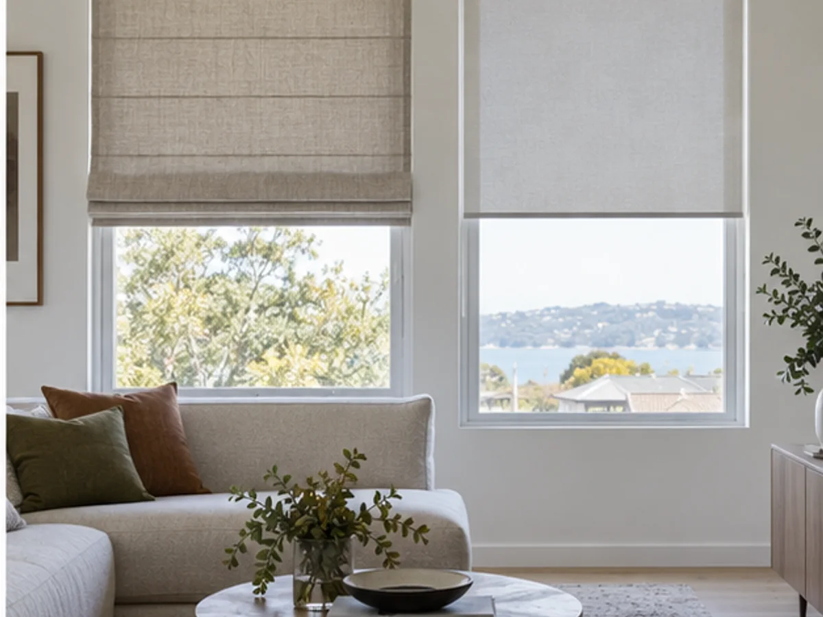 A tailored fabric Roman blind and a compact roller blind shown on adjacent windows for comparison