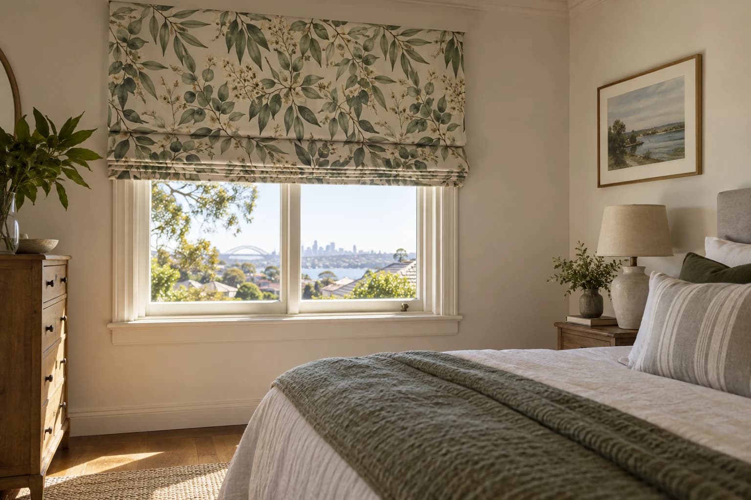 A tailored Roman blind installed in a light-filled Sydney interior, showing its relationship to the window and room.