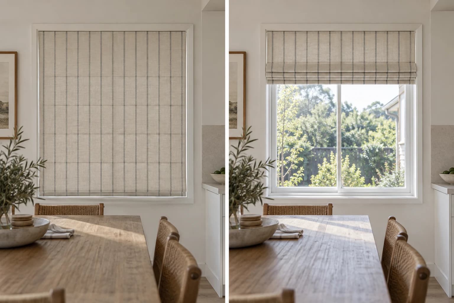 The same Roman blind shown fully lowered and raised to compare the face and stack.
