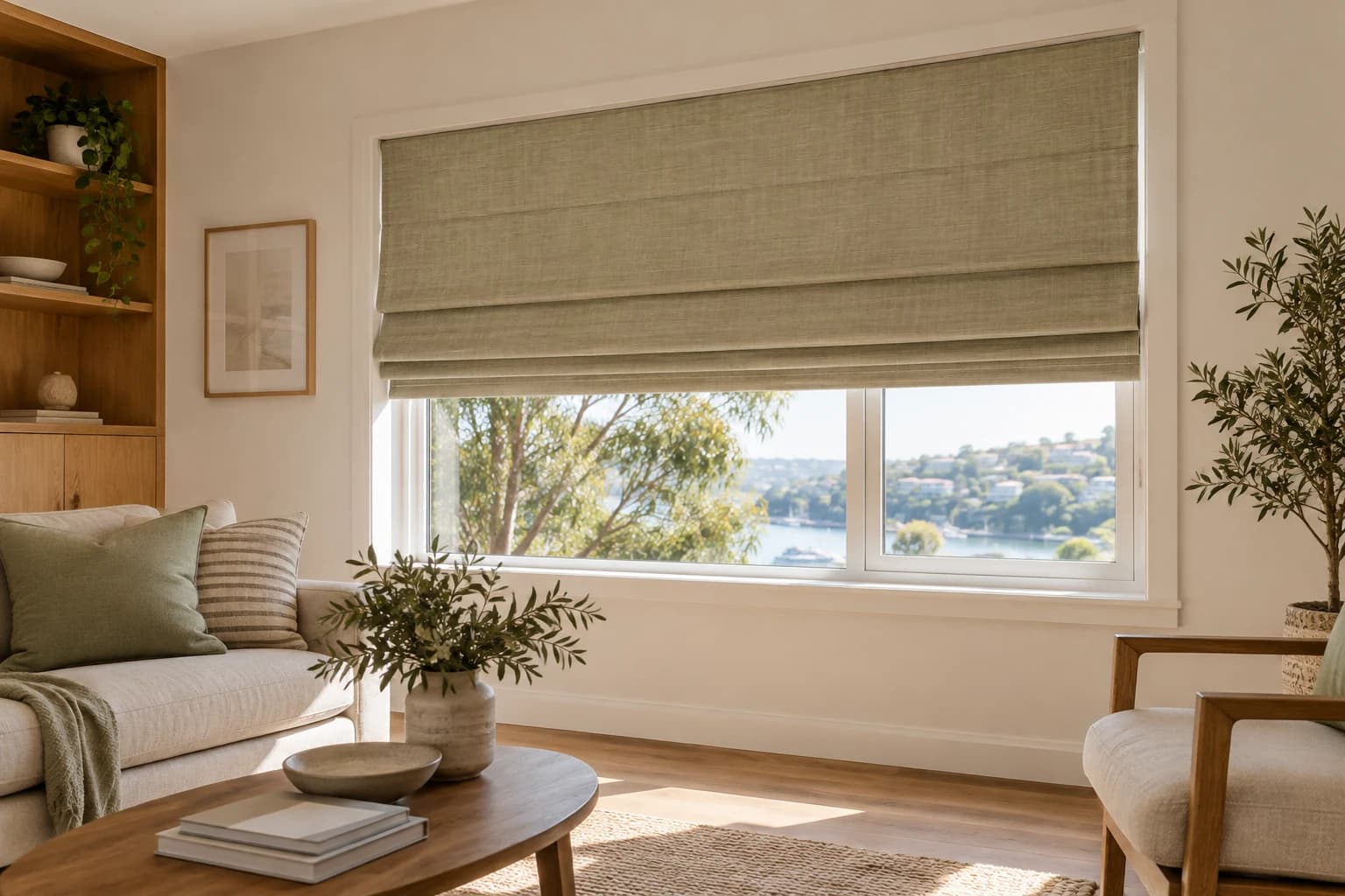 Tailored Roman blind in a calm contemporary Australian sitting room