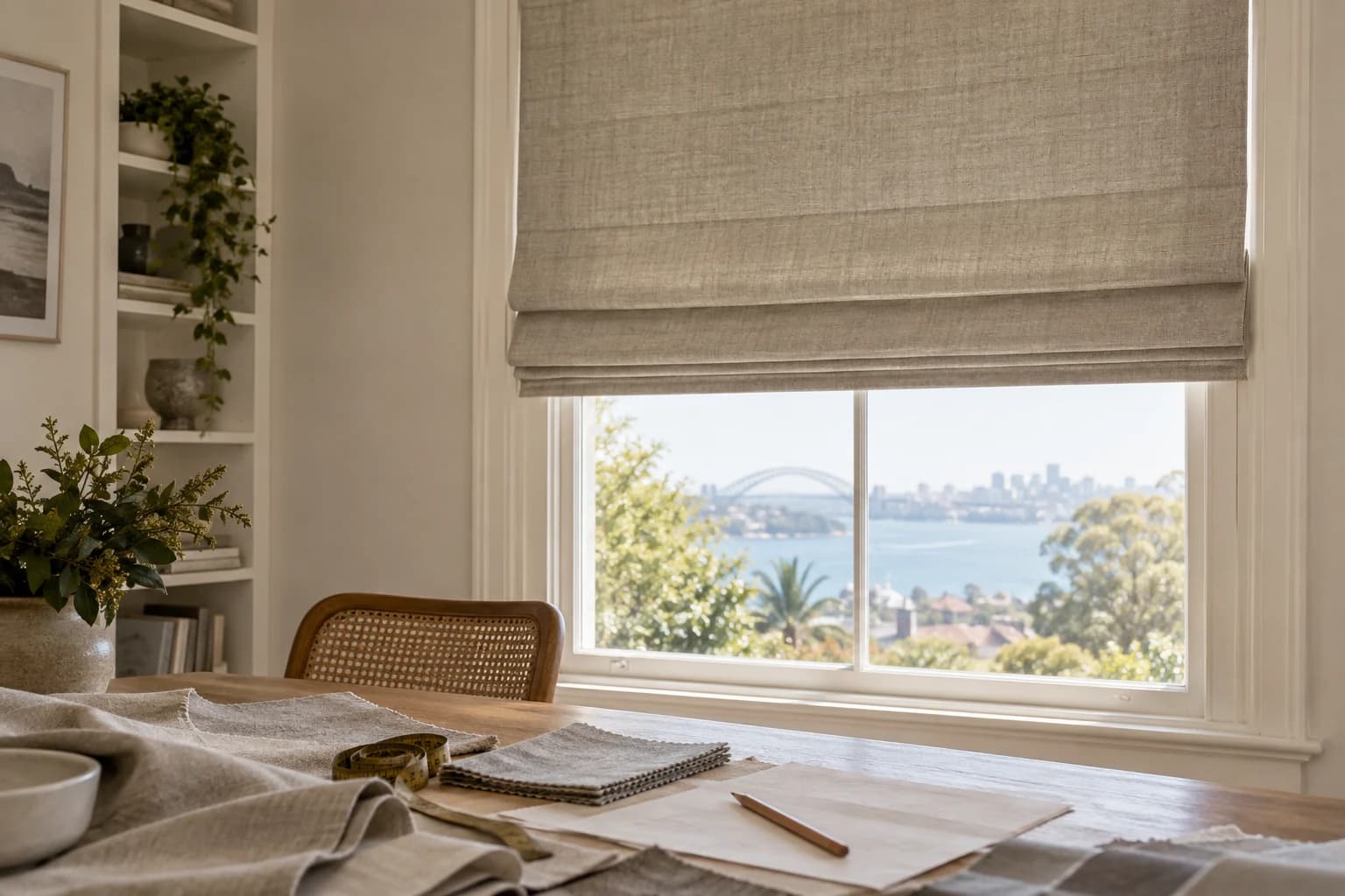 Roman blind fabric, lining and material samples arranged for specification