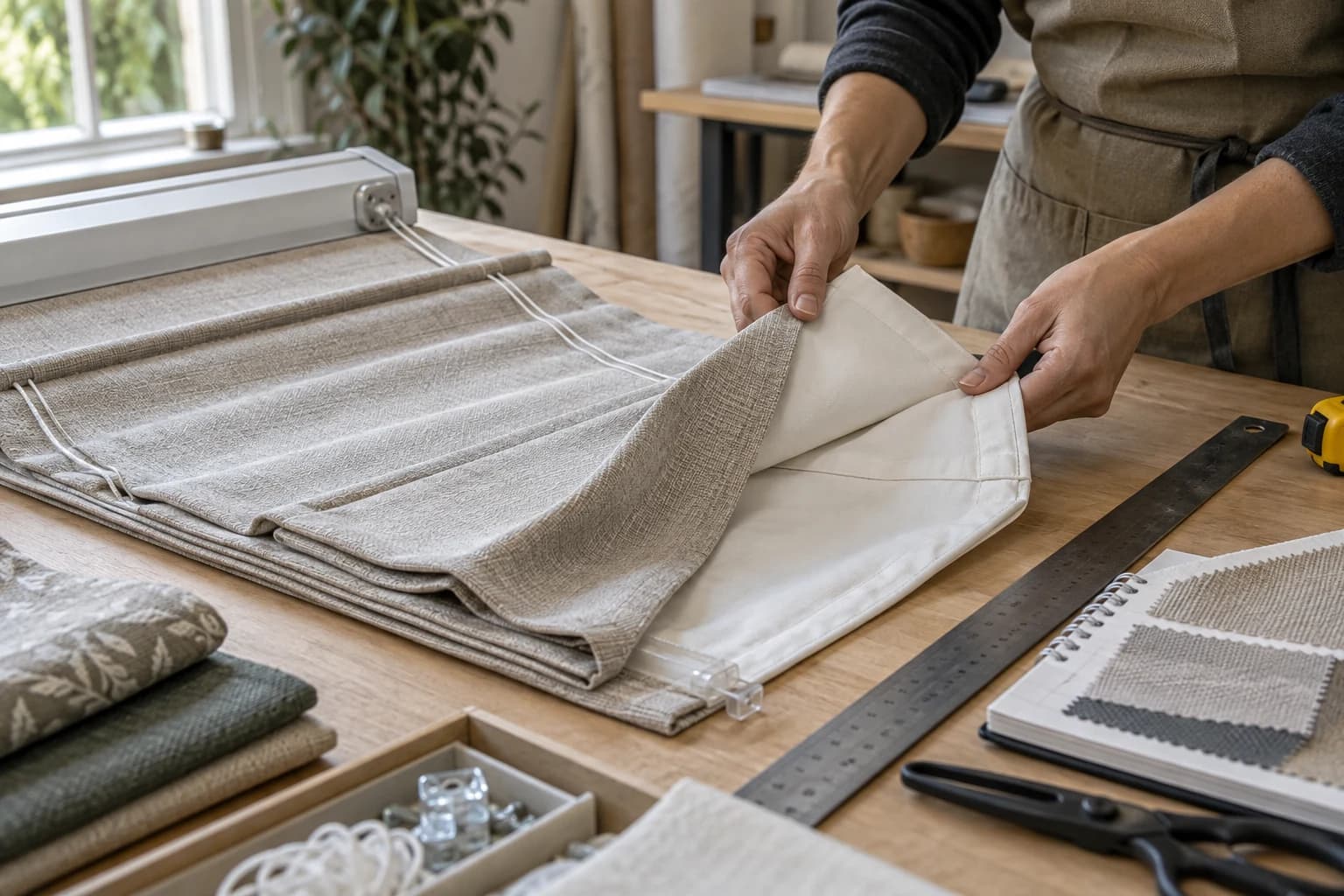 Roman blind materials and window details being considered at a worktable