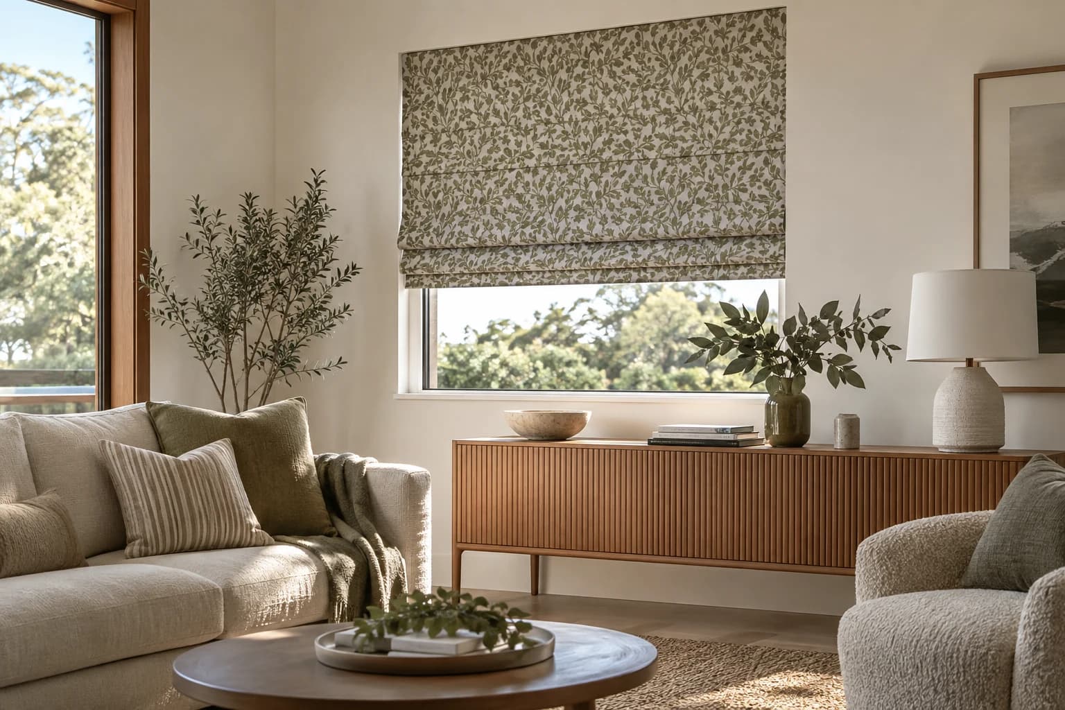Tailored Roman blind above a timber console in an Australian interior