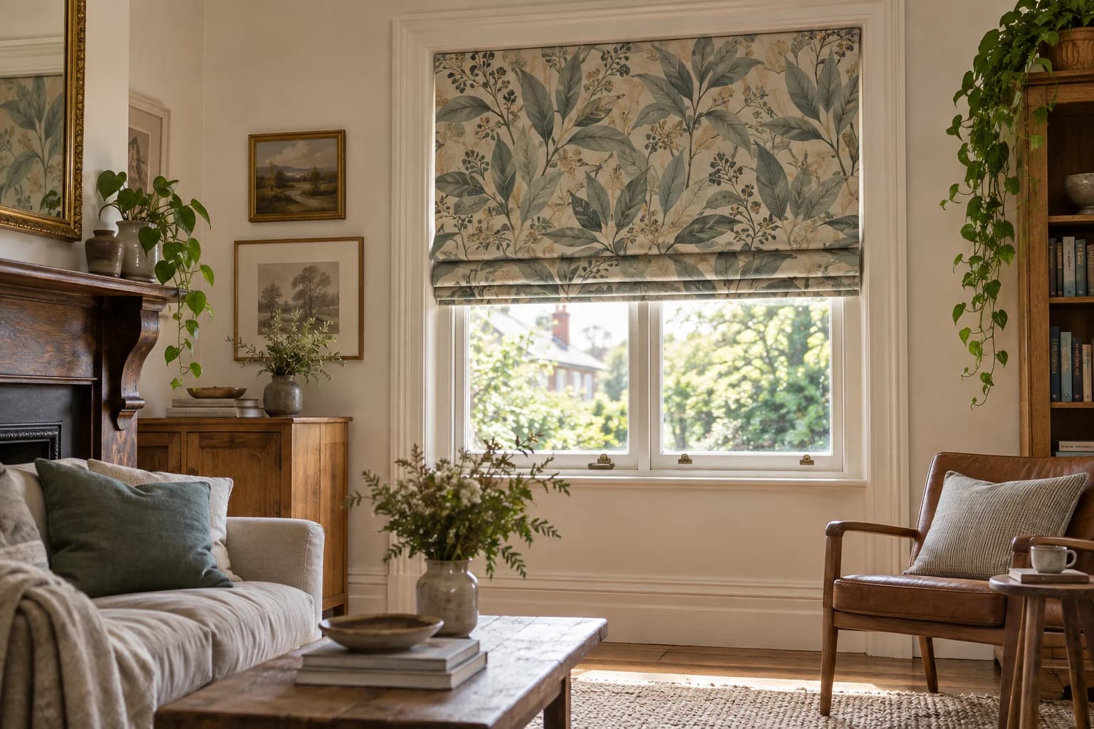Patterned Roman blind in a renovated Sydney Federation sitting room