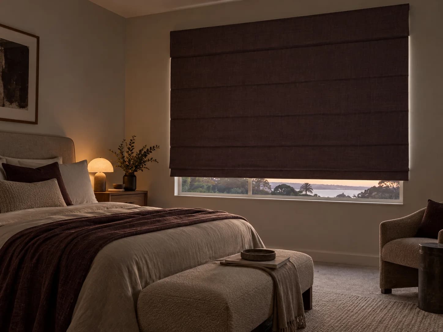 Deep plum-brown lined Roman blind face-fitted over a bedroom window with truthful perimeter light