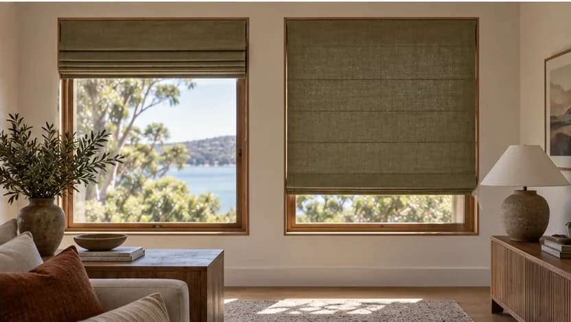 Roman blind lower edge and side finish shown at installed scale
