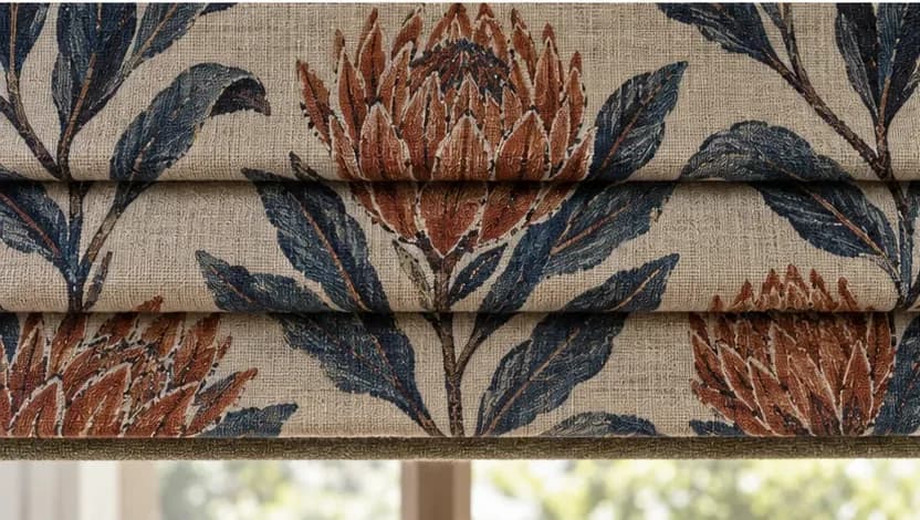 Patterned Roman blind fabric showing how the motif crosses the planned fold lines