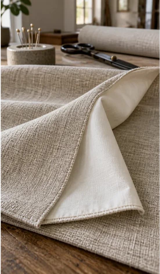 Flax face fabric turned back to reveal a separate ivory Roman blind lining