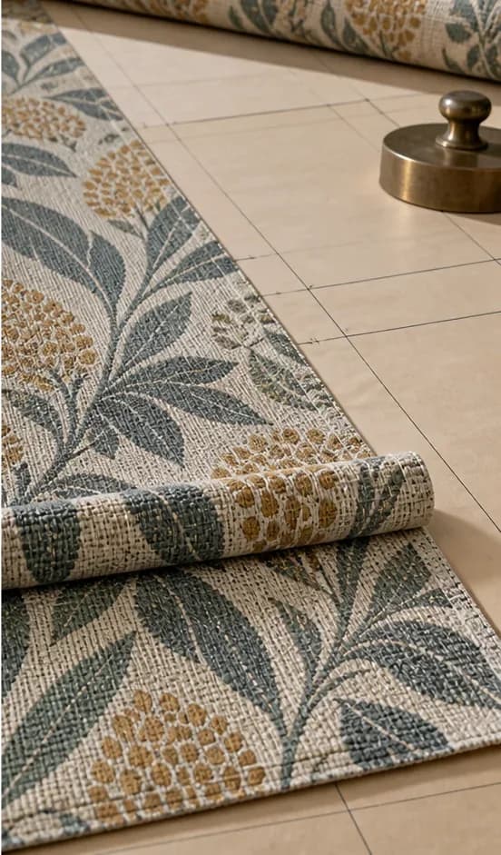 Patterned woven fabric aligned carefully to a measured cutting plan