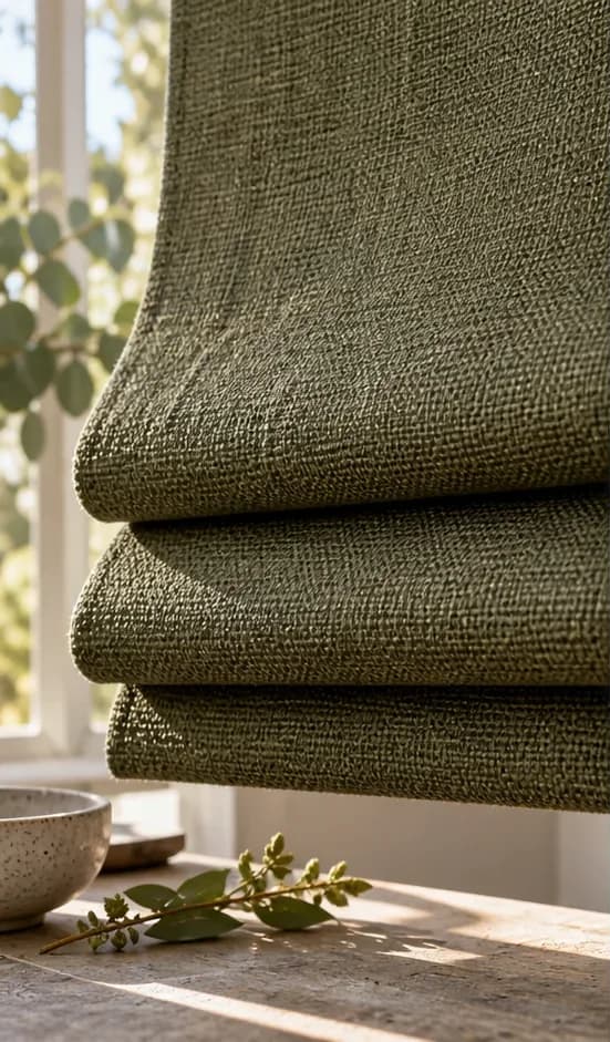 Olive furnishing fabric forming compact controlled folds that reveal its weight and body