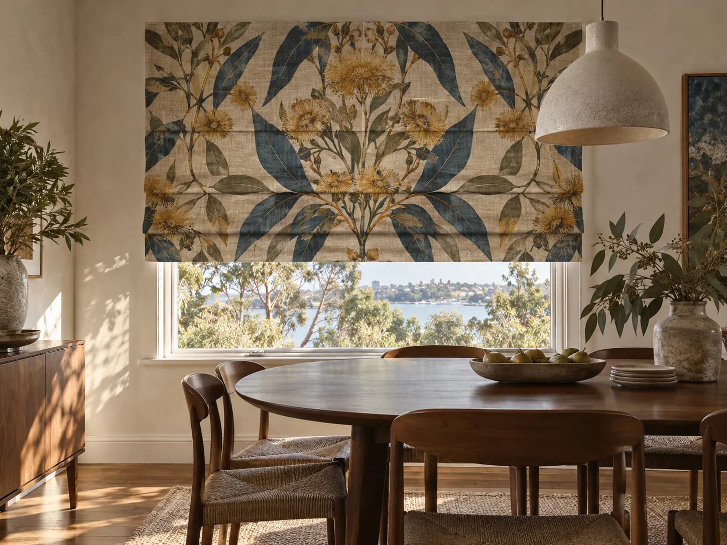 Large botanical Roman blind with its principal motif centred deliberately over a dining window