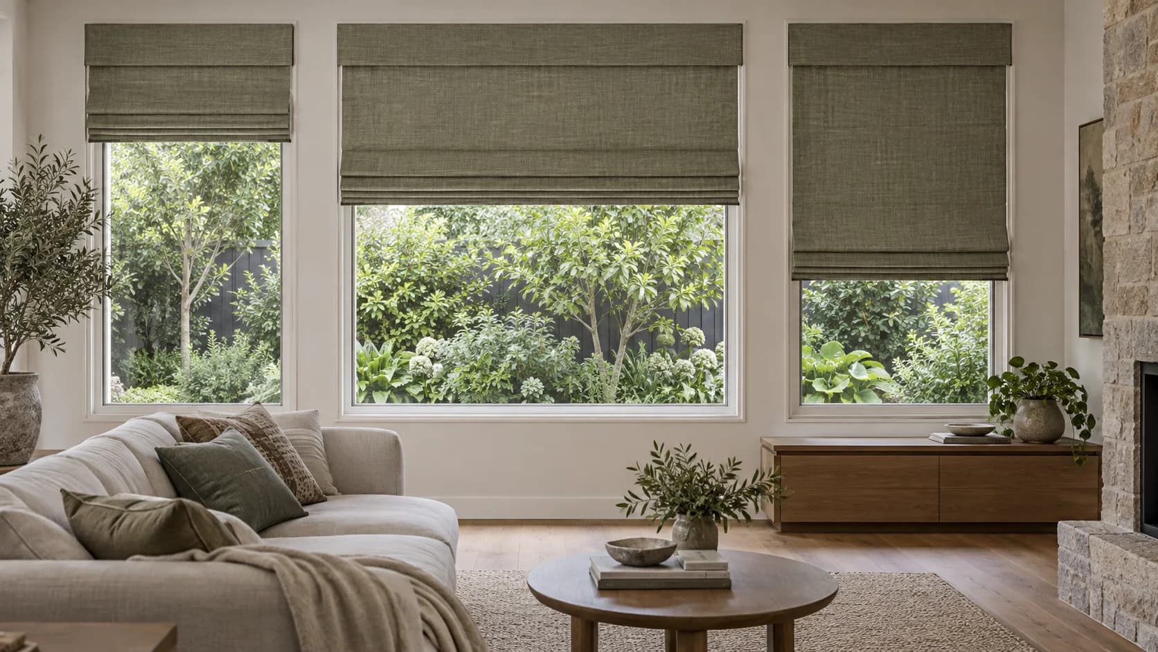 Three Roman blinds proportioned for differently sized windows looking onto a close leafy garden