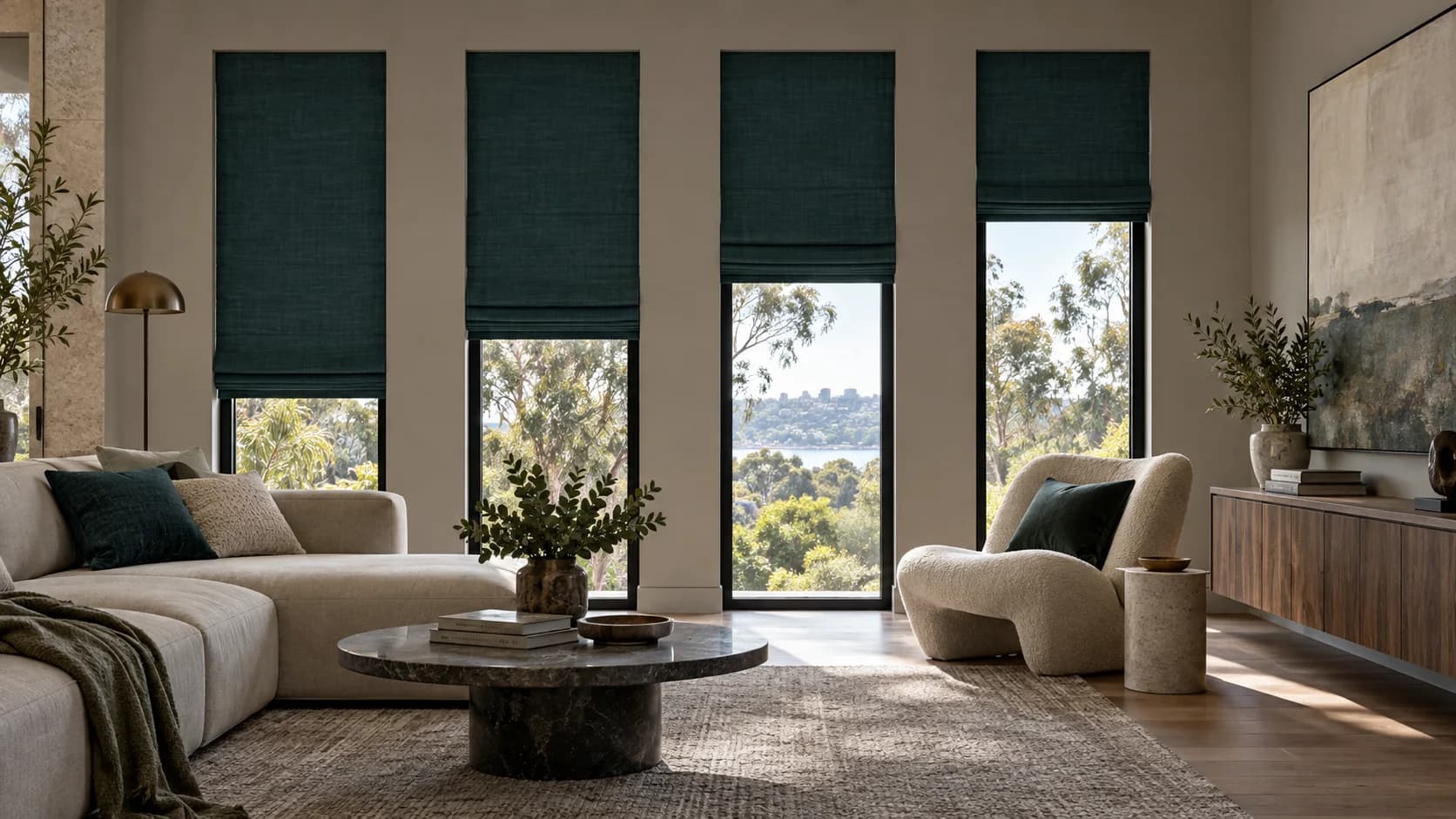 Four deep-teal Roman blinds at different operating positions across tall living-room windows