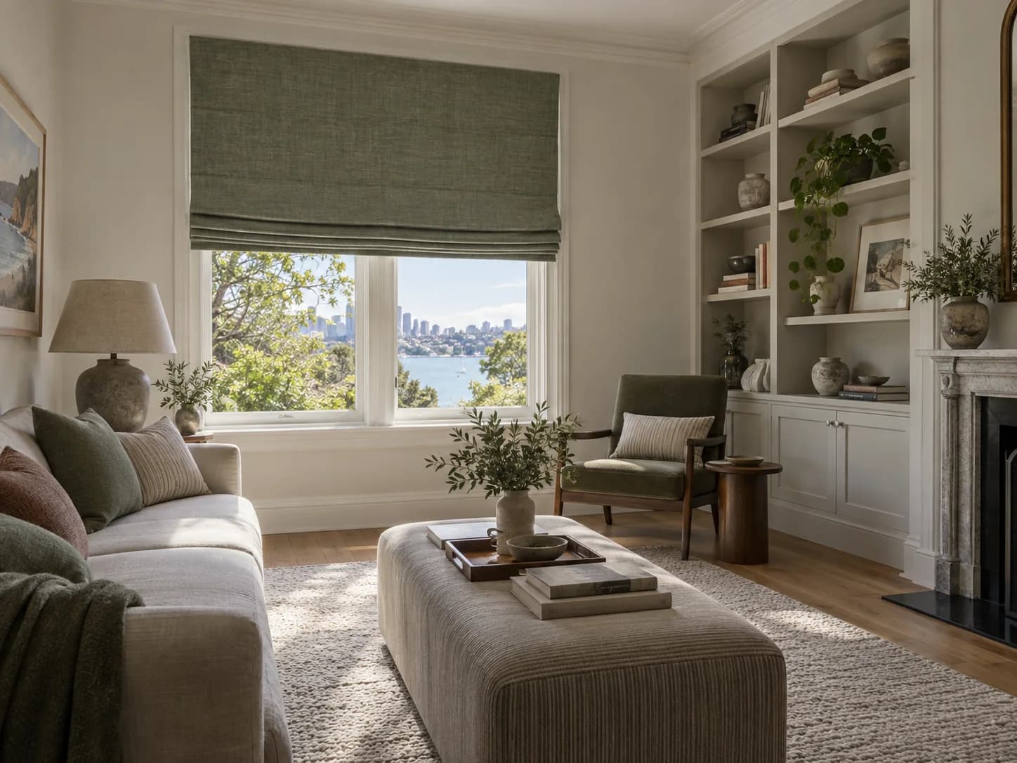 Eucalyptus-green Roman blind raised above a furnished sitting room window near built-in joinery