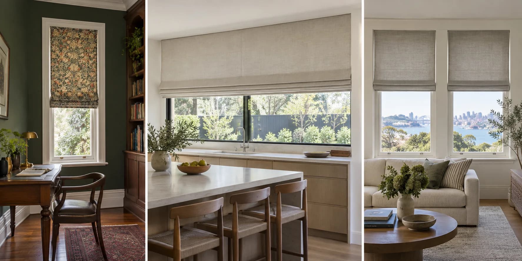 Narrow patterned, wide plain and paired Roman blinds fitted to different window proportions