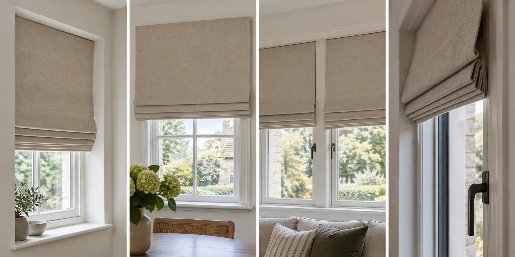 Four Roman blind fitting details showing recess, face fit, mullion alignment and handle clearance