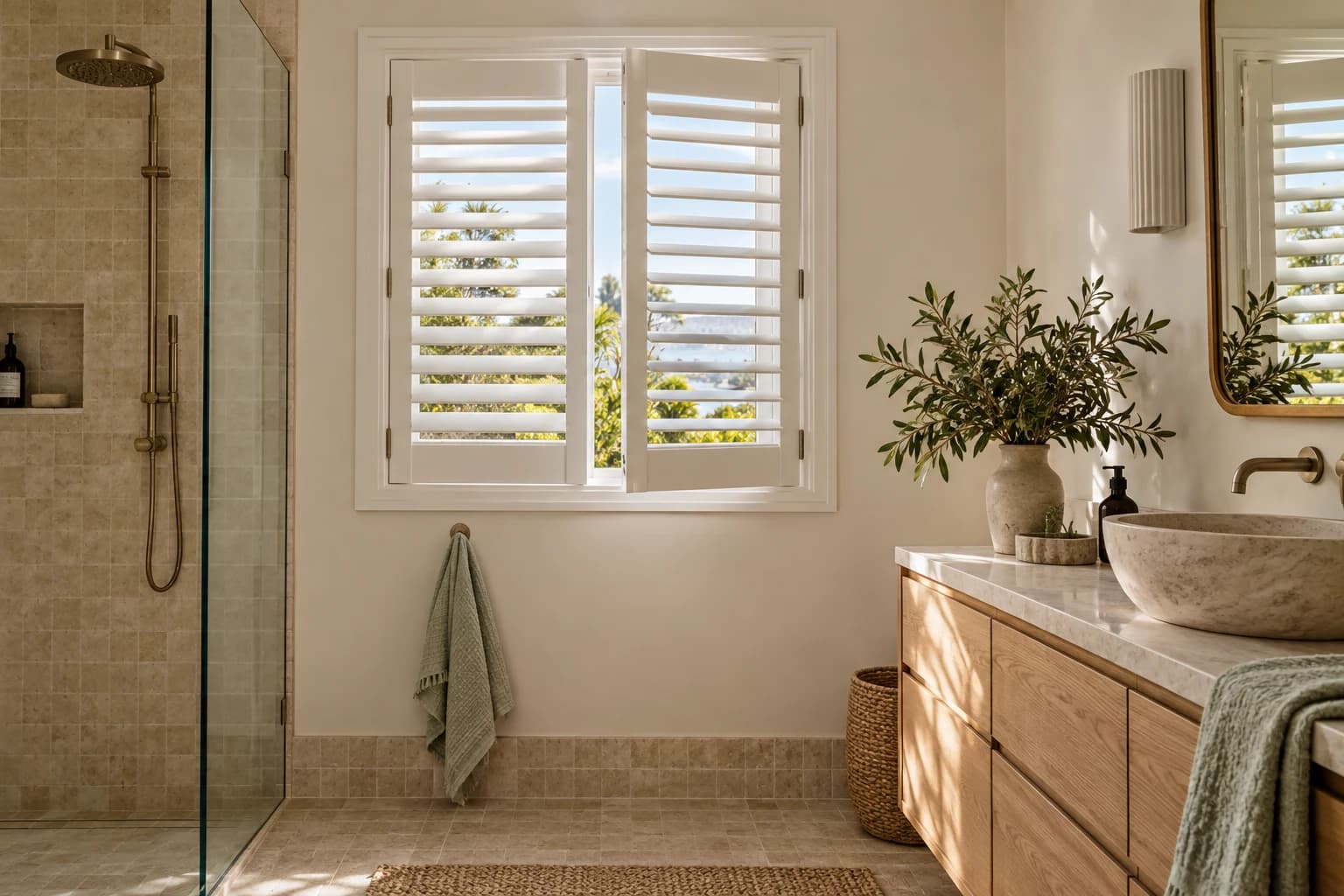 Interior plantation shutters at a bathroom window outside the shower enclosure