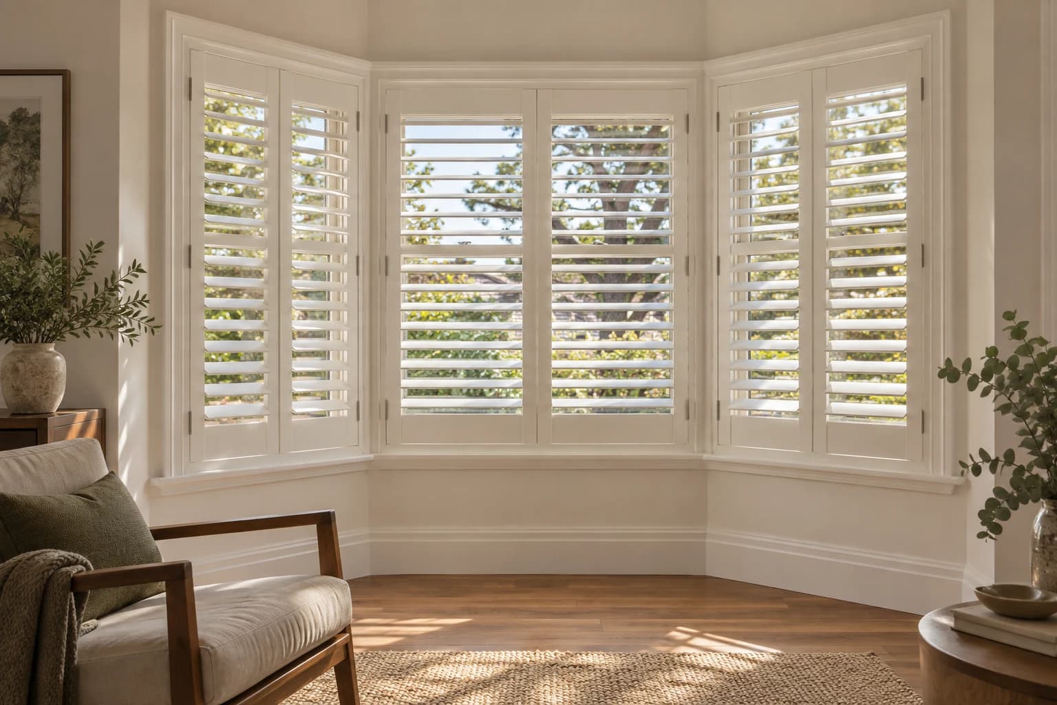 Six framed plantation-shutter leaves following the three facets of a bay window
