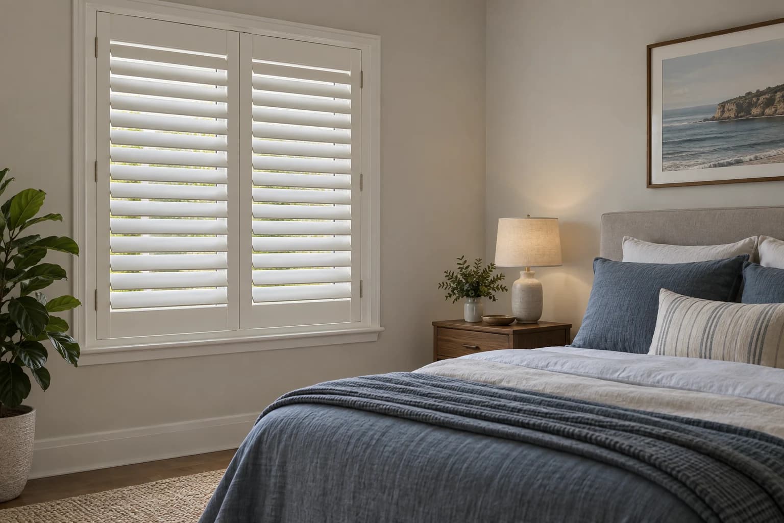 Paired plantation shutters beside a bedroom with blue linen