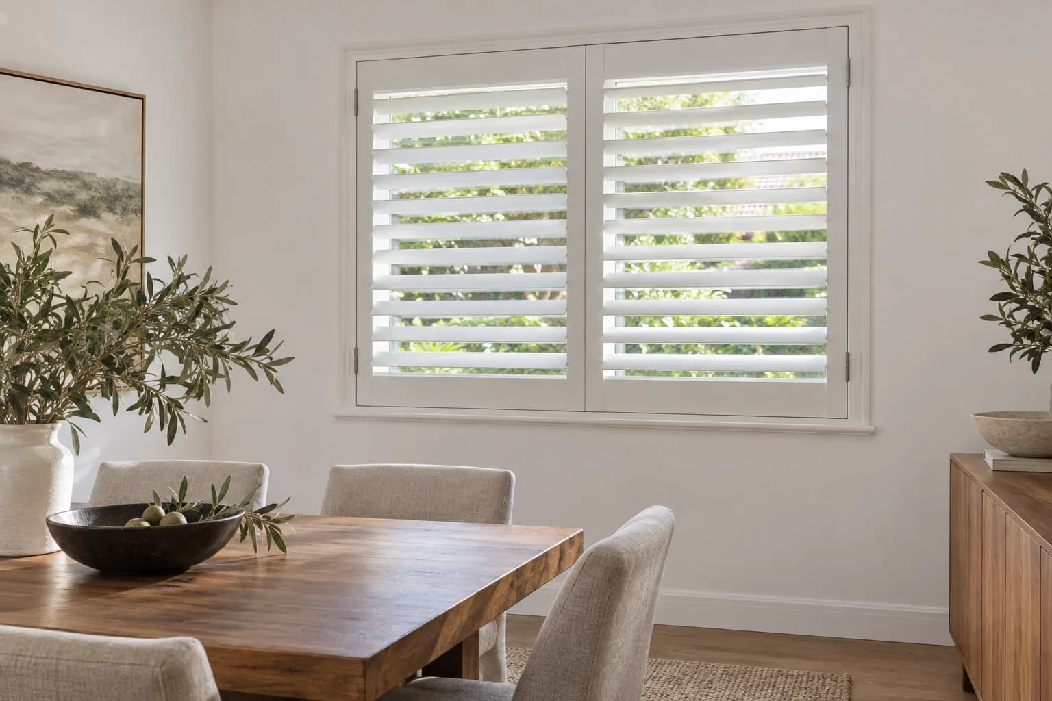 Paired plantation shutters with partly tilted louvres bringing daylight to a contemporary dining room