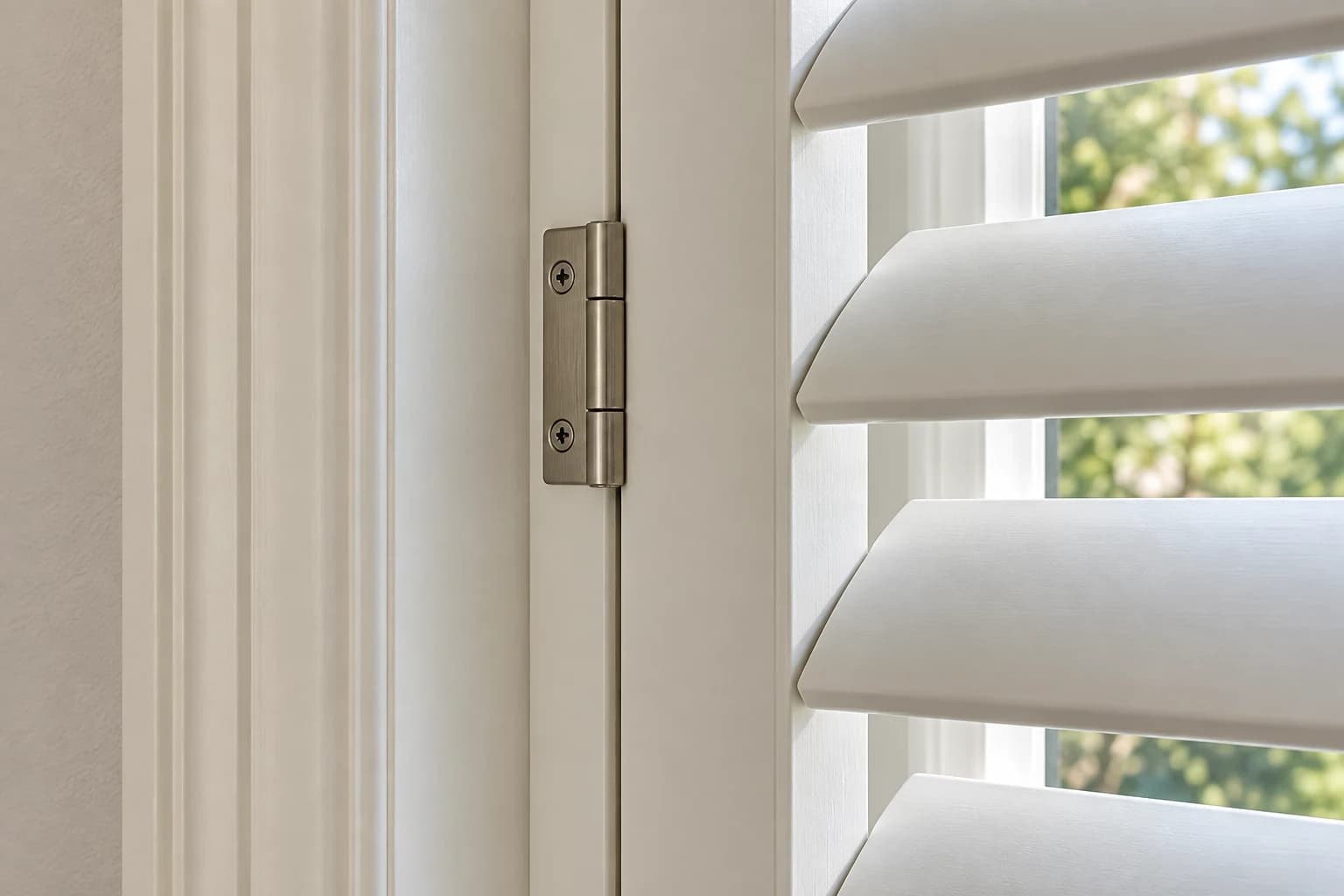 Close installed view of a plantation shutter hinge, frame and window reveal