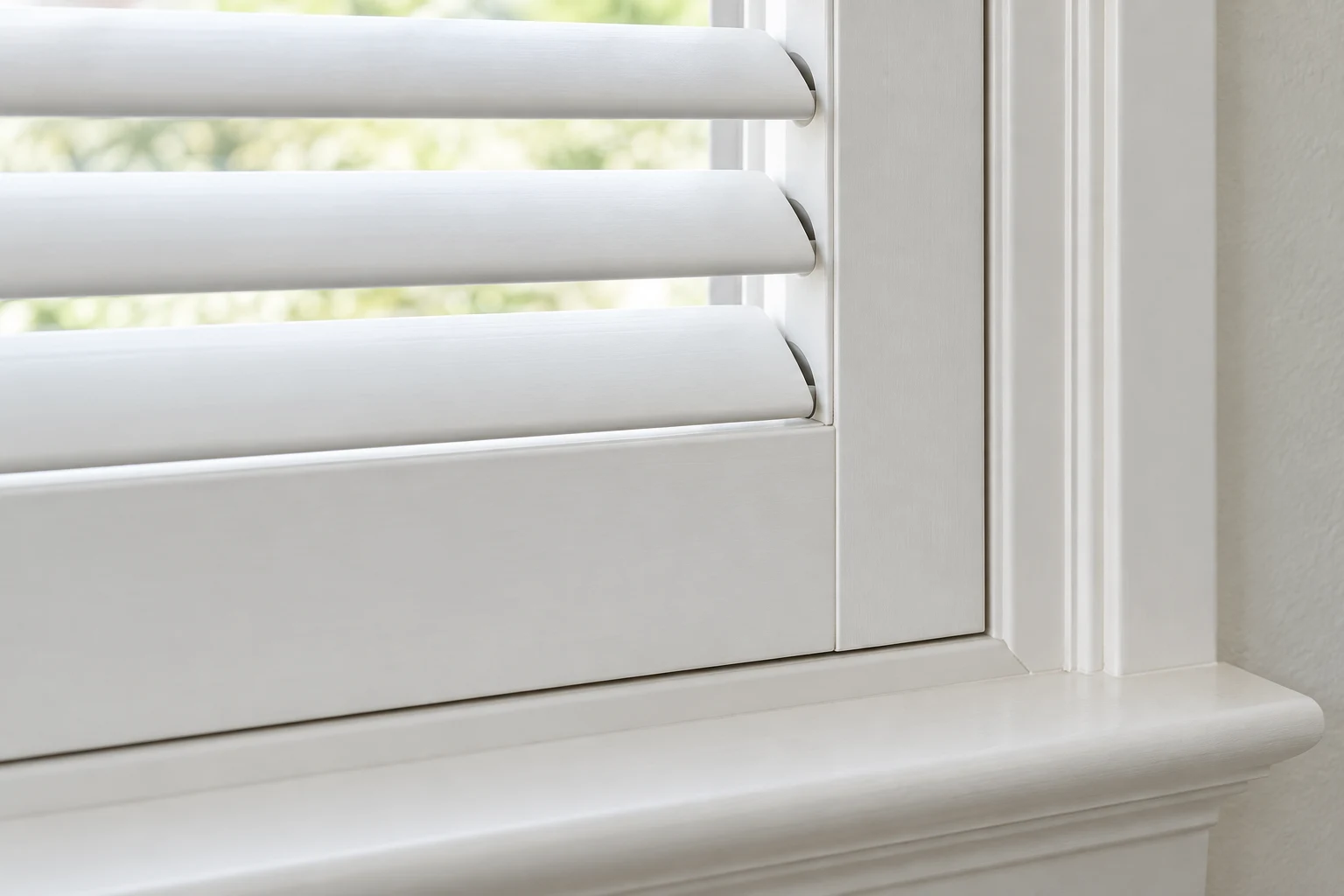 Close installed view of plantation shutter louvres, frame and sill relationship