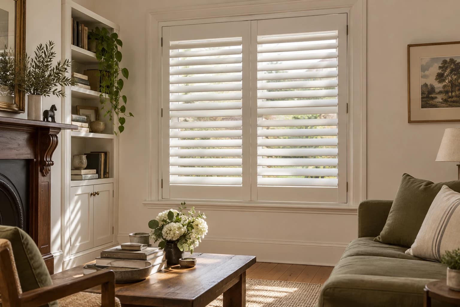 White framed, hinged plantation shutter leaves in an established living room, with horizontal louvres and aligned rails
