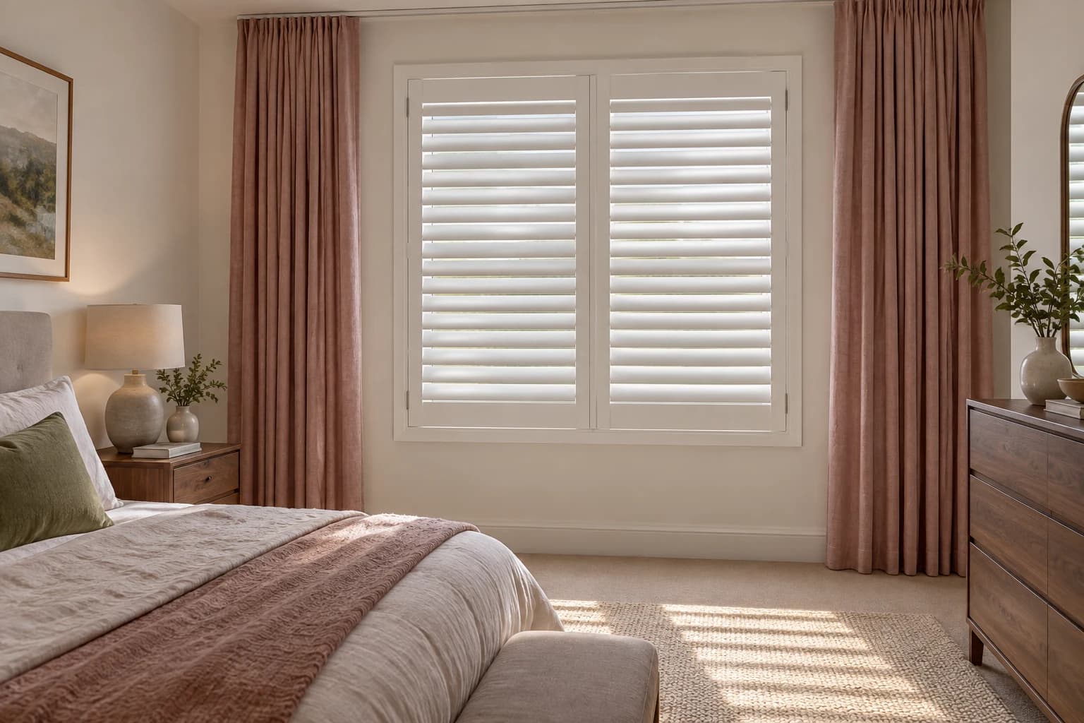 Paired plantation shutters with full-height rose-coloured curtains stacked outside the shutter opening