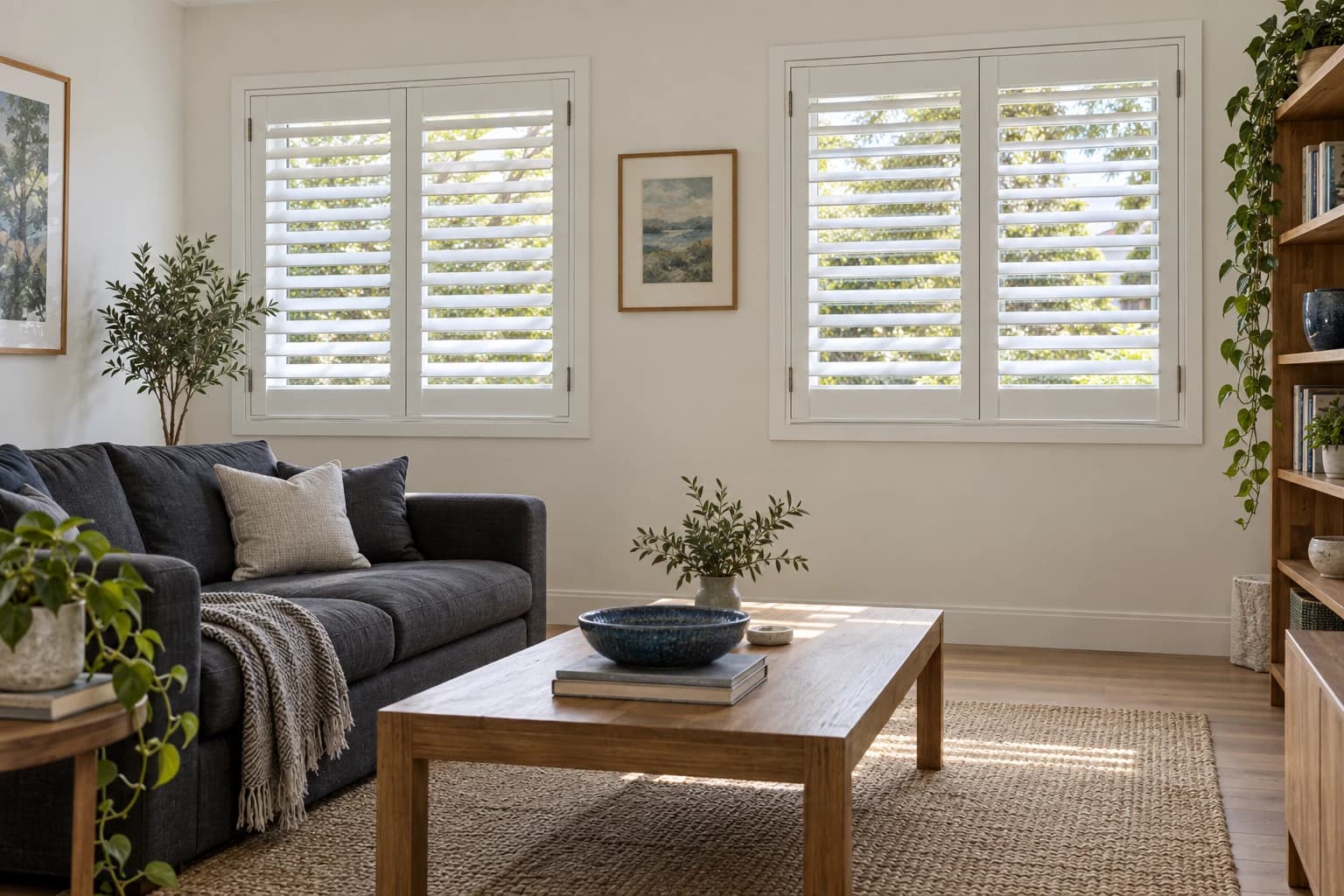 Two framed plantation-shutter windows in an apartment living room