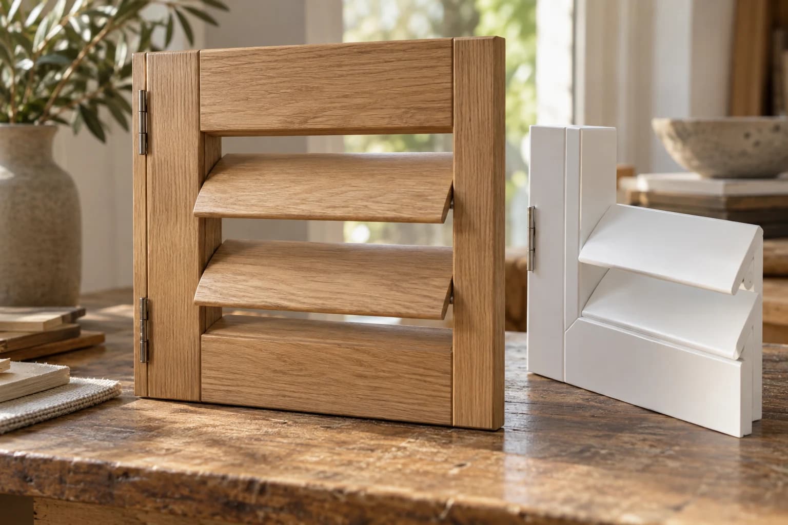Illustrative timber and painted plantation-shutter sample assemblies with rails, stiles and louvres