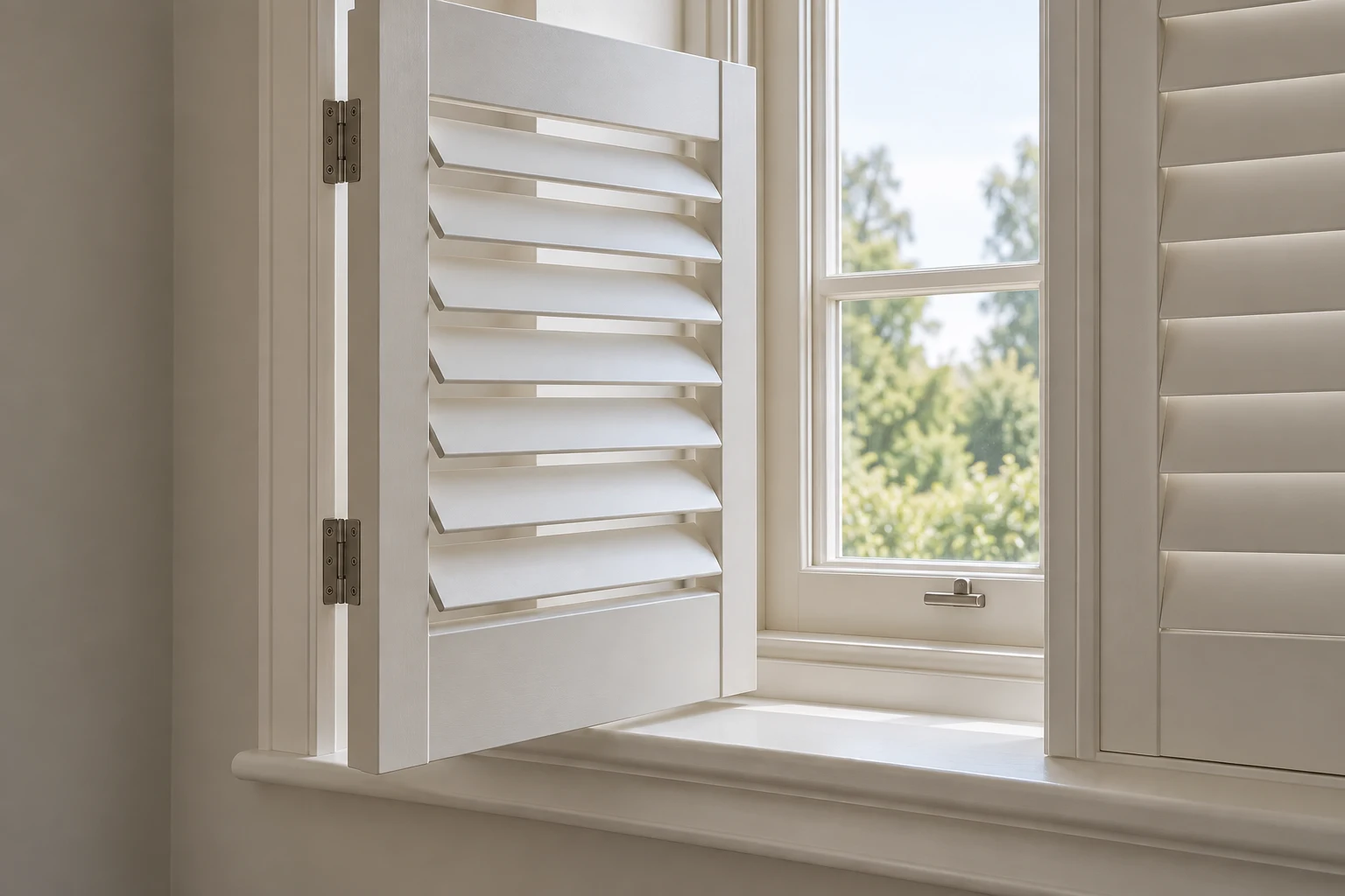 Installed plantation shutter panel opened clear of the original window