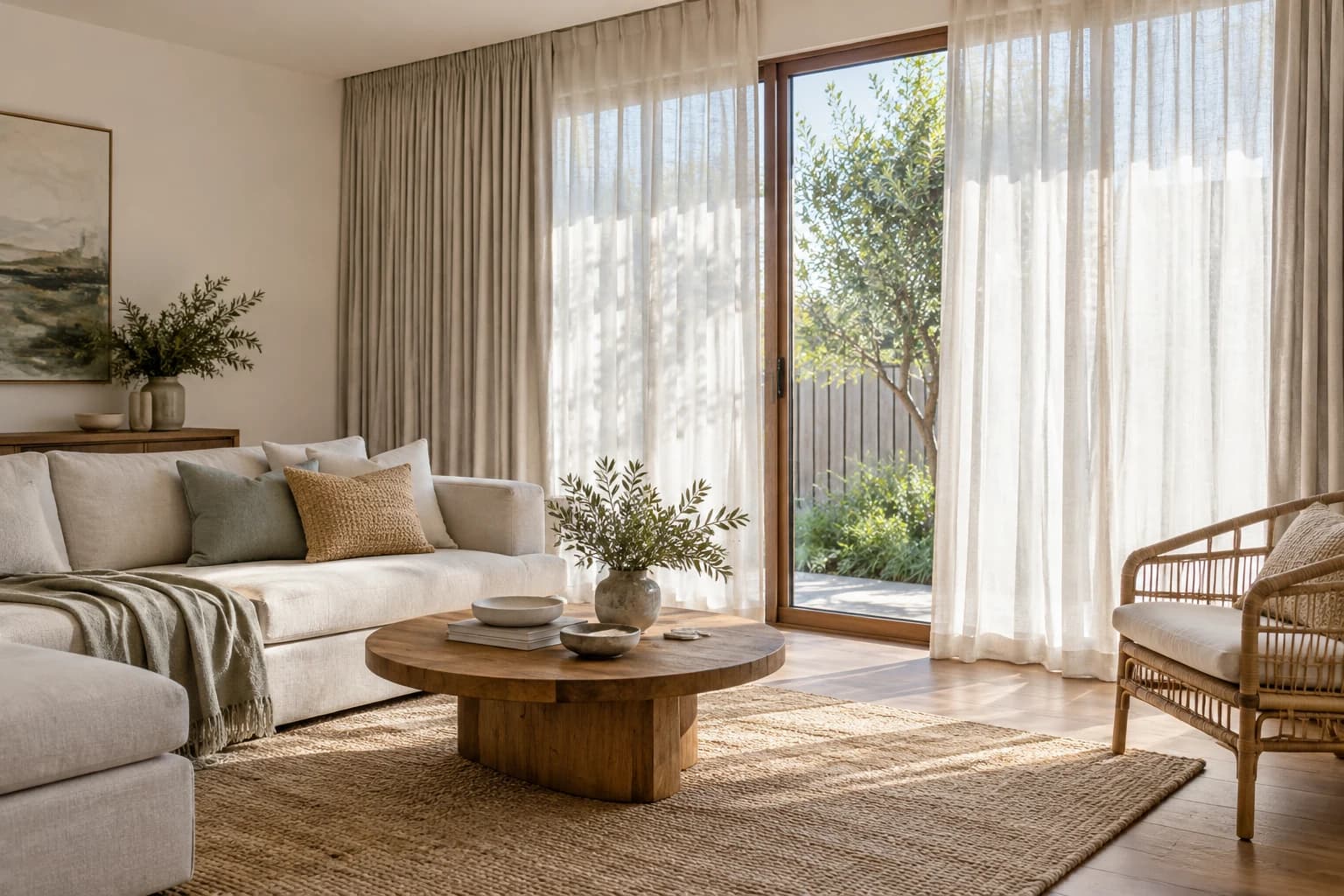 Sheer and substantial curtain layers planned together around a glazed door