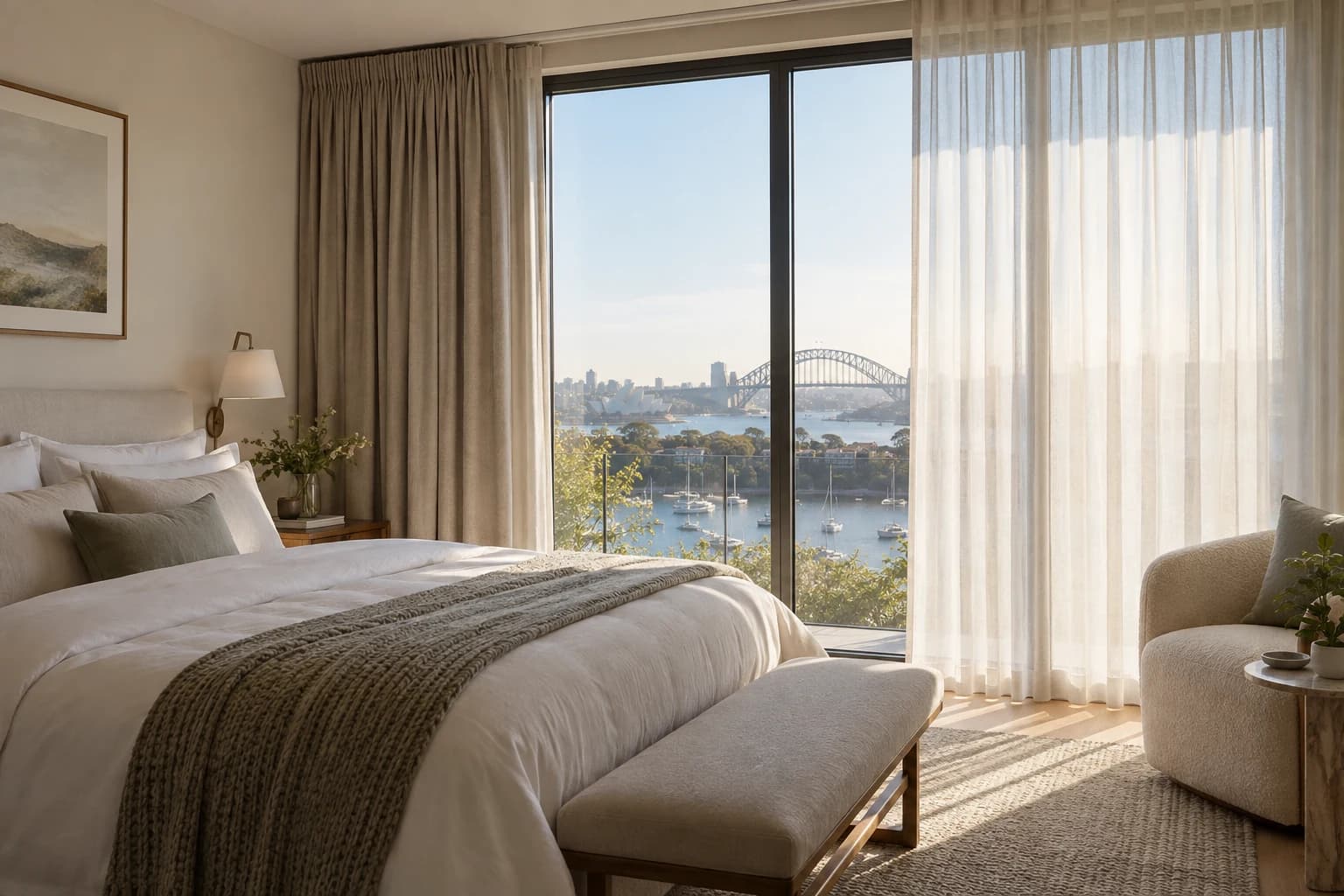 Bedroom with a sheer layer and substantial curtain treatment beside full-height glazing