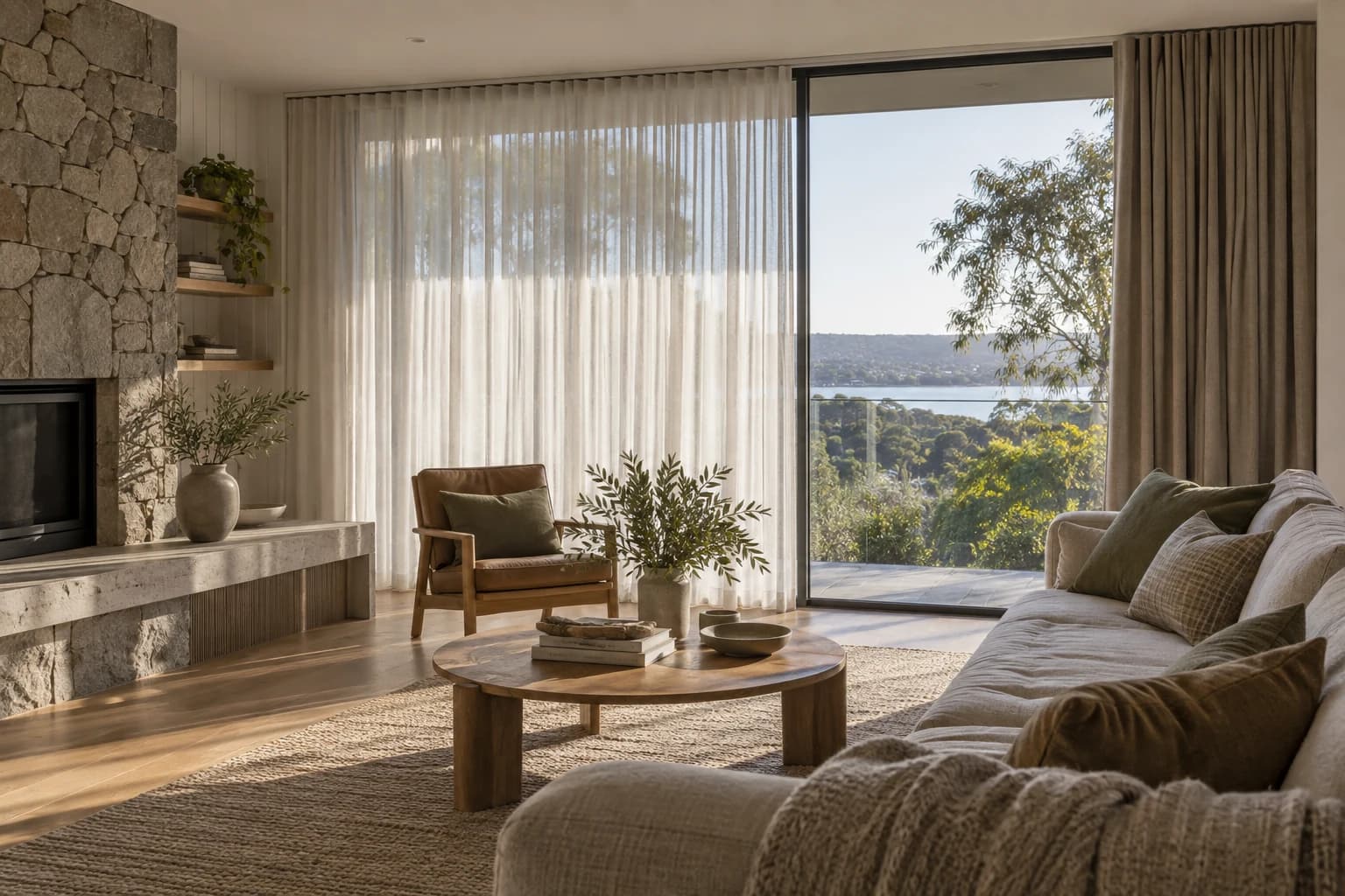 Coordinated layered curtains across a large living space