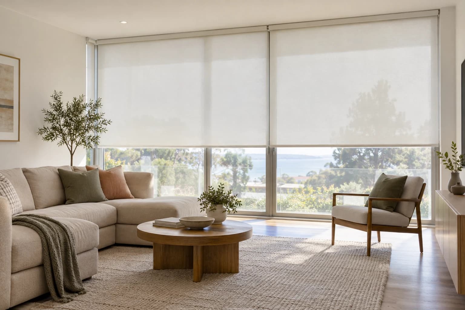 Pale light-filtering blinds diffusing daylight across broad living-room glazing