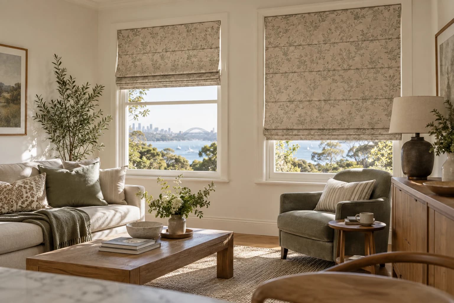 Roman blinds coordinated across two living-room windows