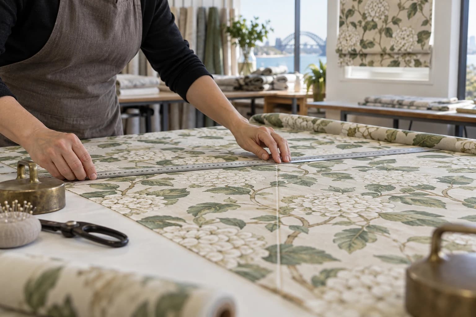 Anonymous hands arranging curtain fabric on a worktable, shown as an illustrative making reference