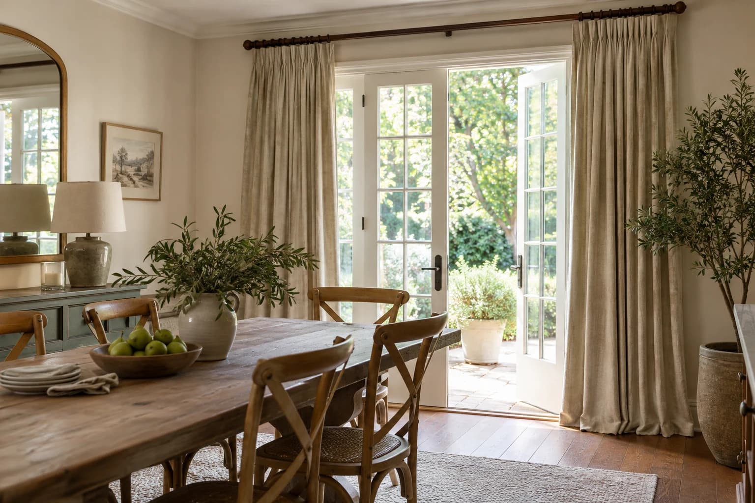 Heavier decorative patterned curtain showing a deeper fold and fuller stack