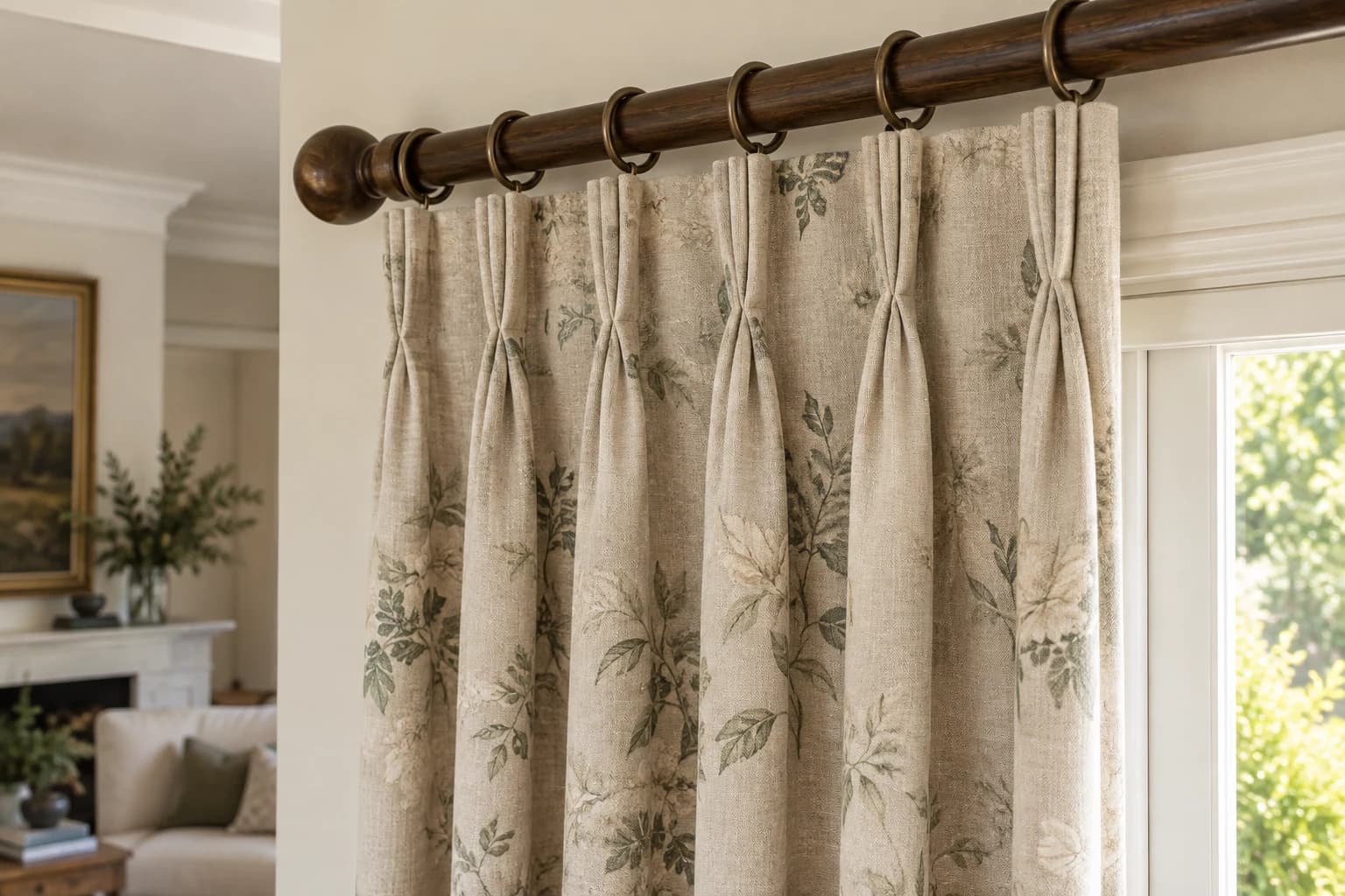 Real pleated curtain heading fitted neatly to a visible pole