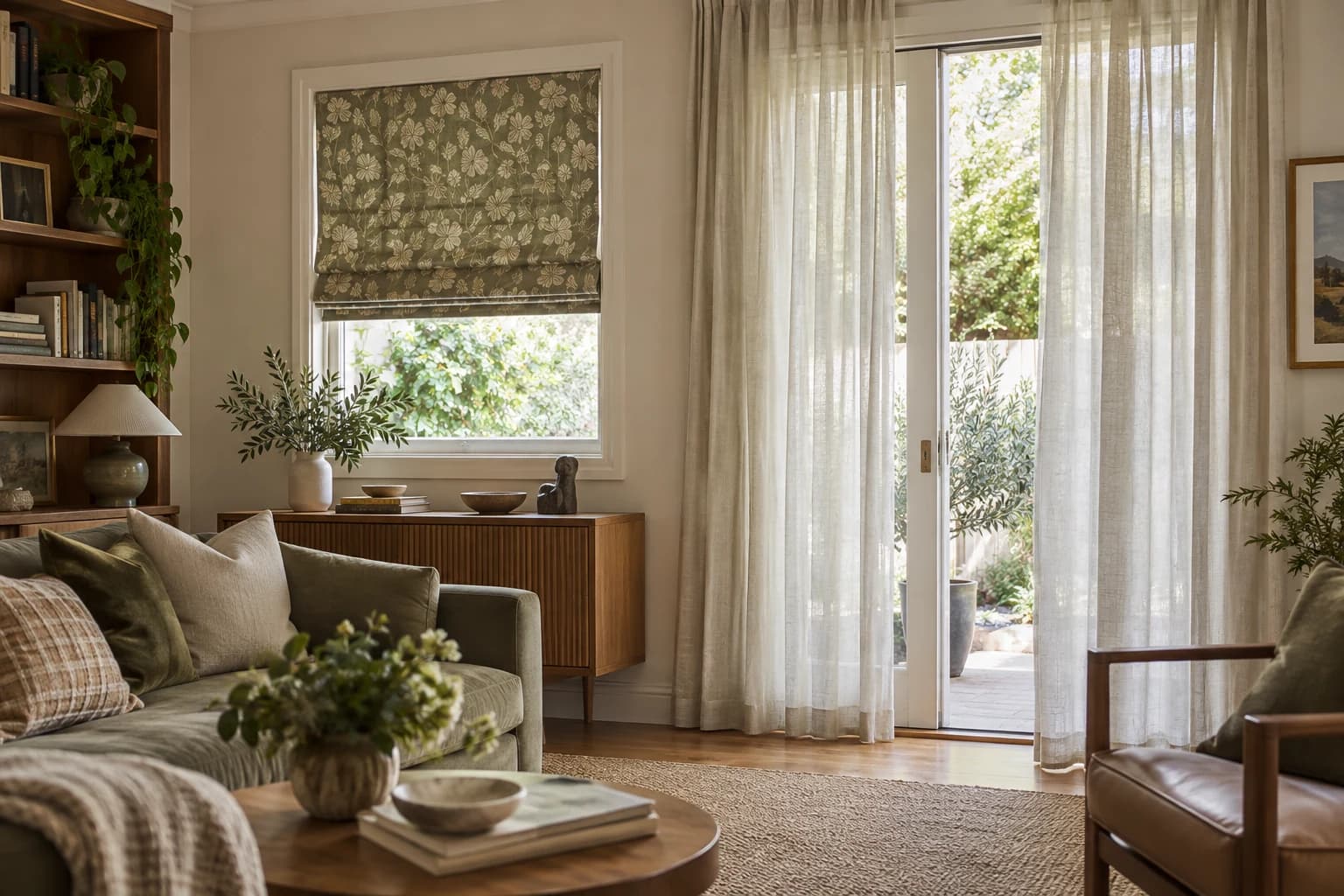 Roman blind and sheer curtains serving different windows in one living room
