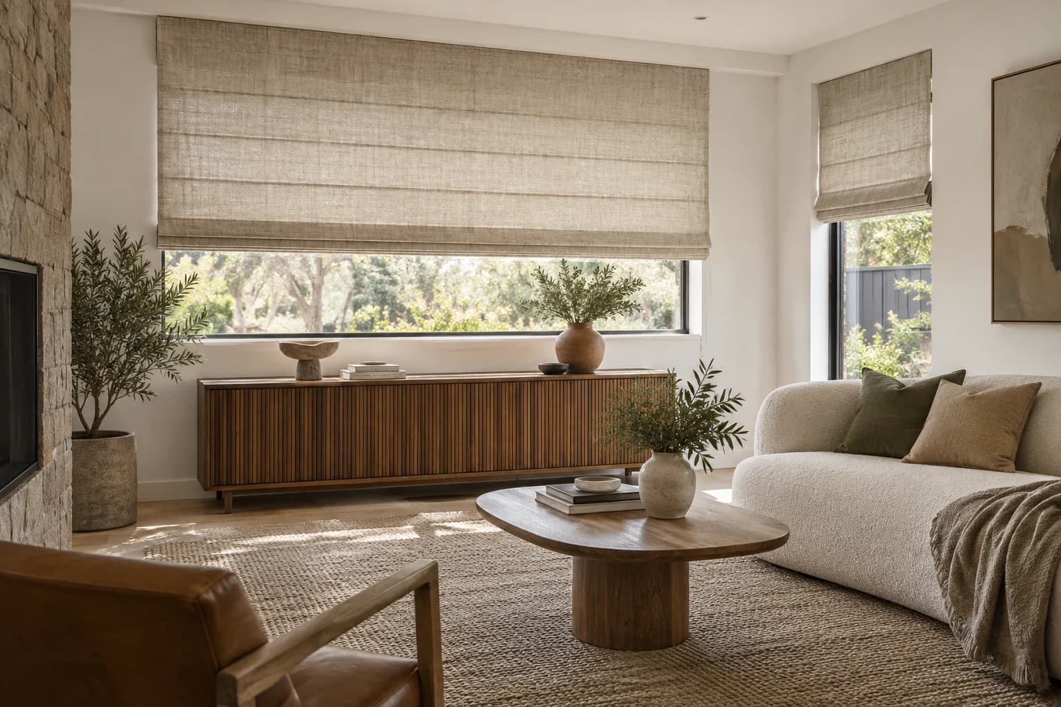 Tailored Roman blinds installed in a calm furnished living room