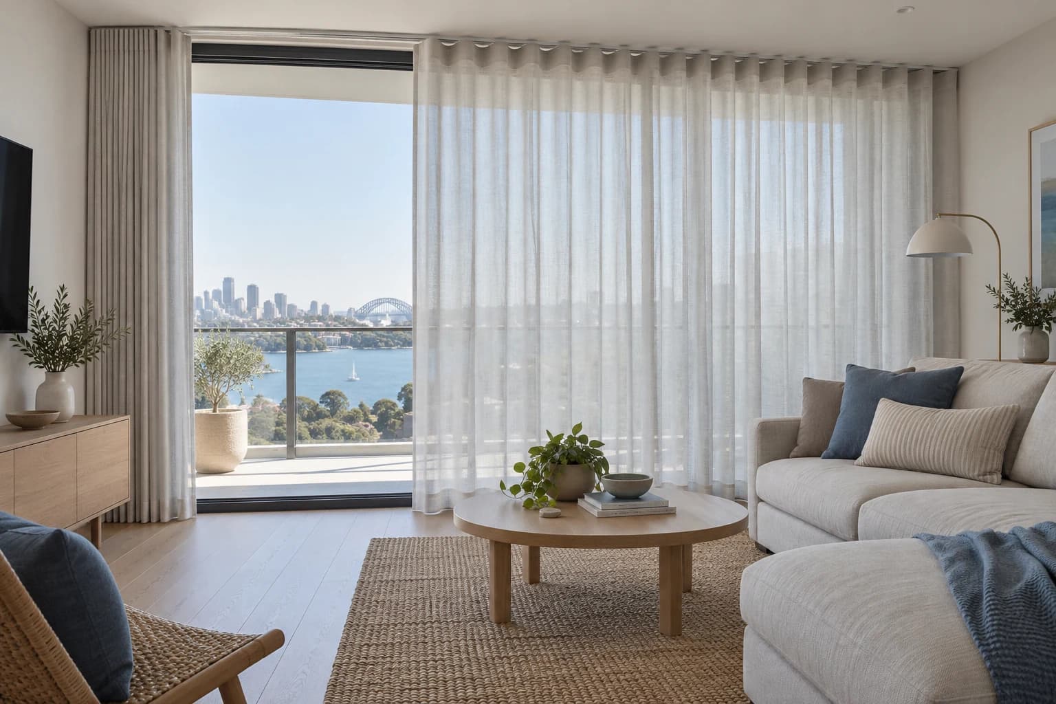 Apartment living room with full-height S-fold sheers across broad balcony glazing