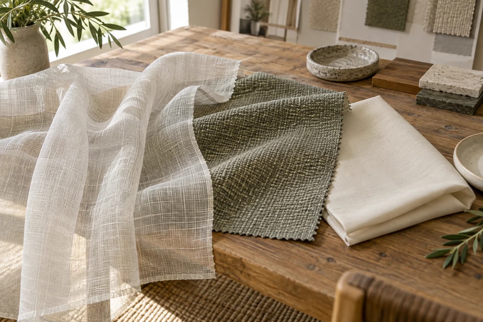 Sheer and other furnishing fabric samples compared for composition and texture